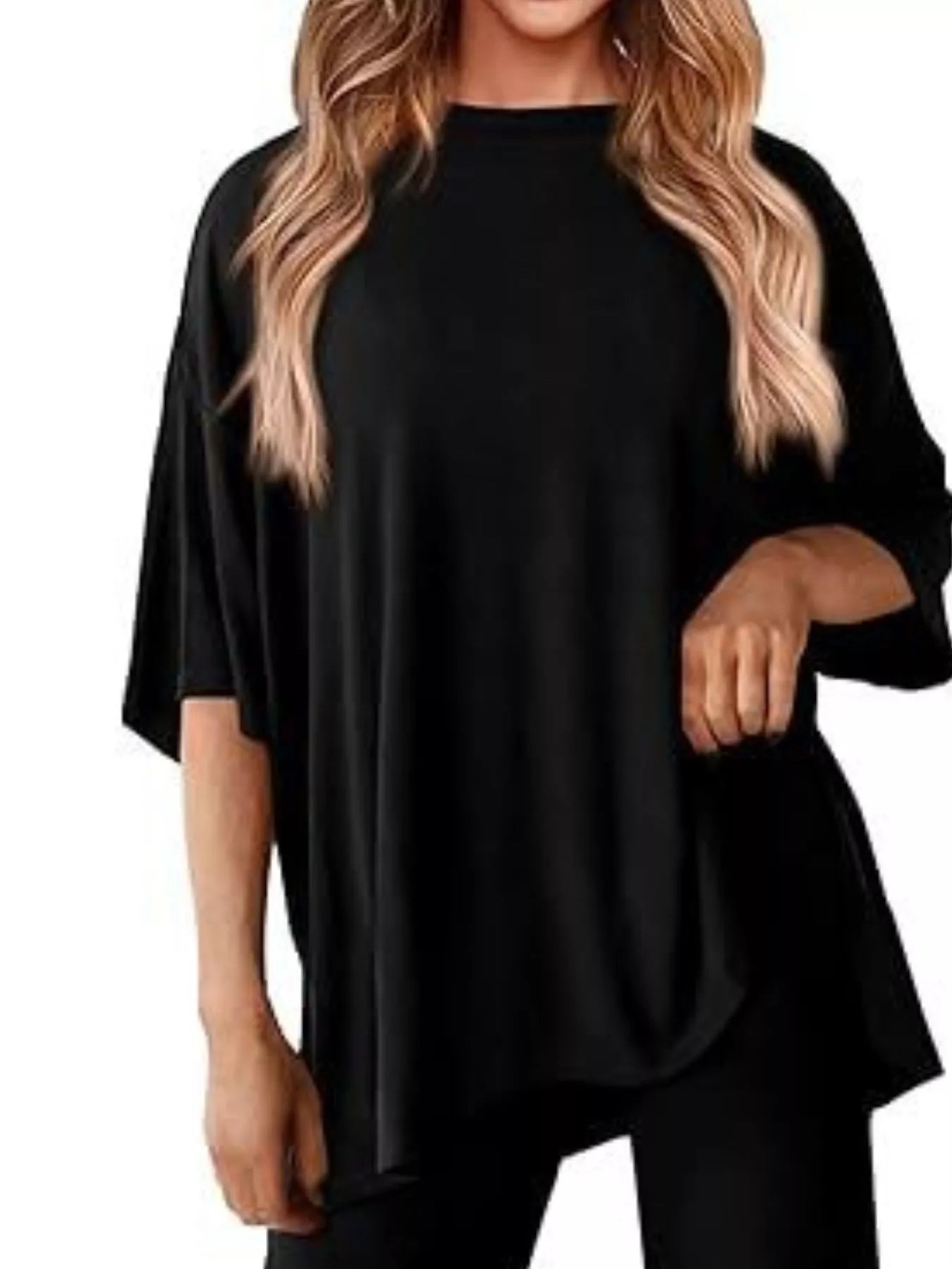 Sarah Express Relaxed Fit Round Neck Top and Pants Two-Piece Lounge Set Black