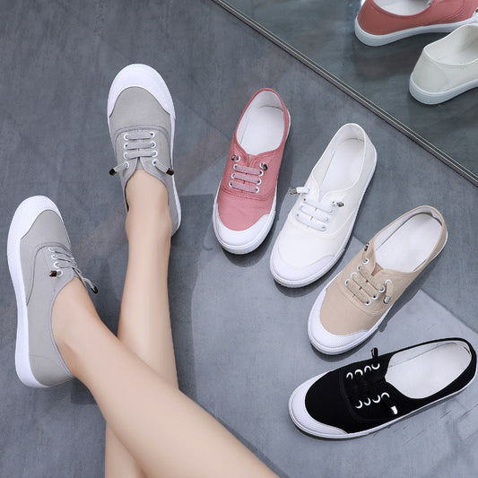 Sarah Express Women's White Canvas Slip-On Sneakers – Flat Sole, Multi-Color | Casual Everyday Shoes