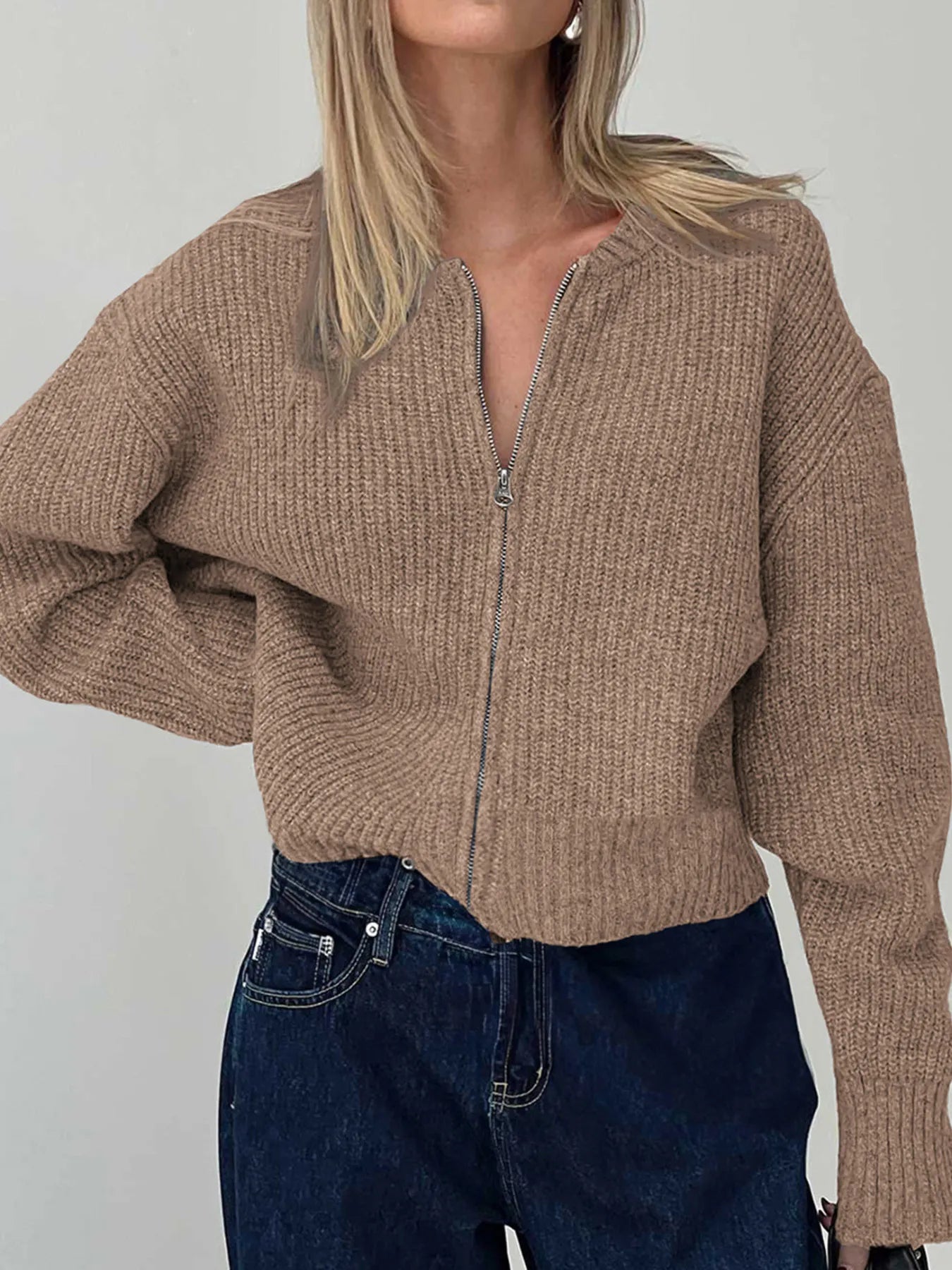 Sarah Express Women's Zip Up Long Sleeve Cardigan - Ribbed Knit Sweater Brown