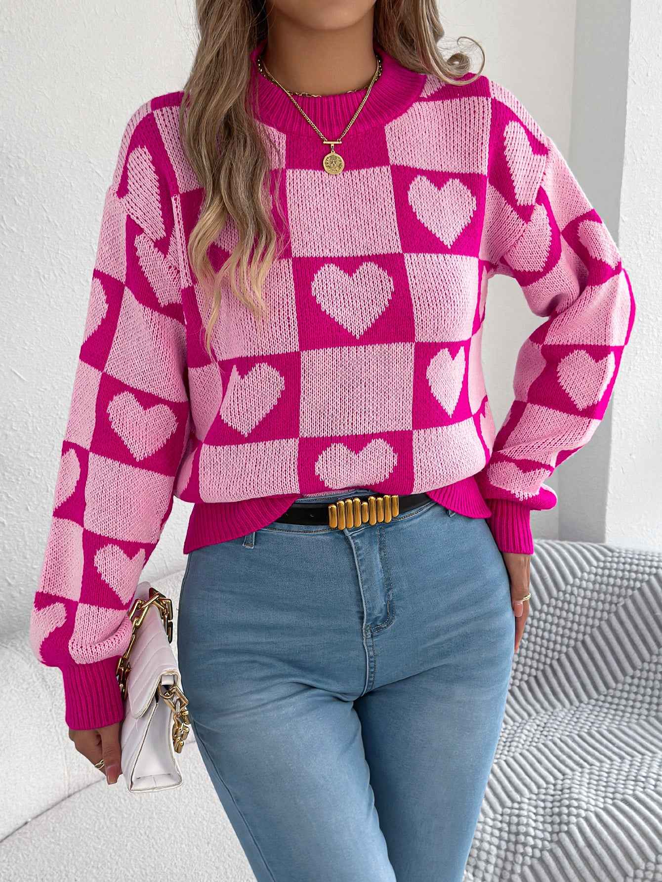 Sarah Express Women's Color-Blocked Plaid Heart Lantern Sleeve Pullover Sweater