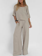 Sarah Express Cotton Linen Two-Piece Pants Suit Cropped Sleeve Wide Leg Casual Set