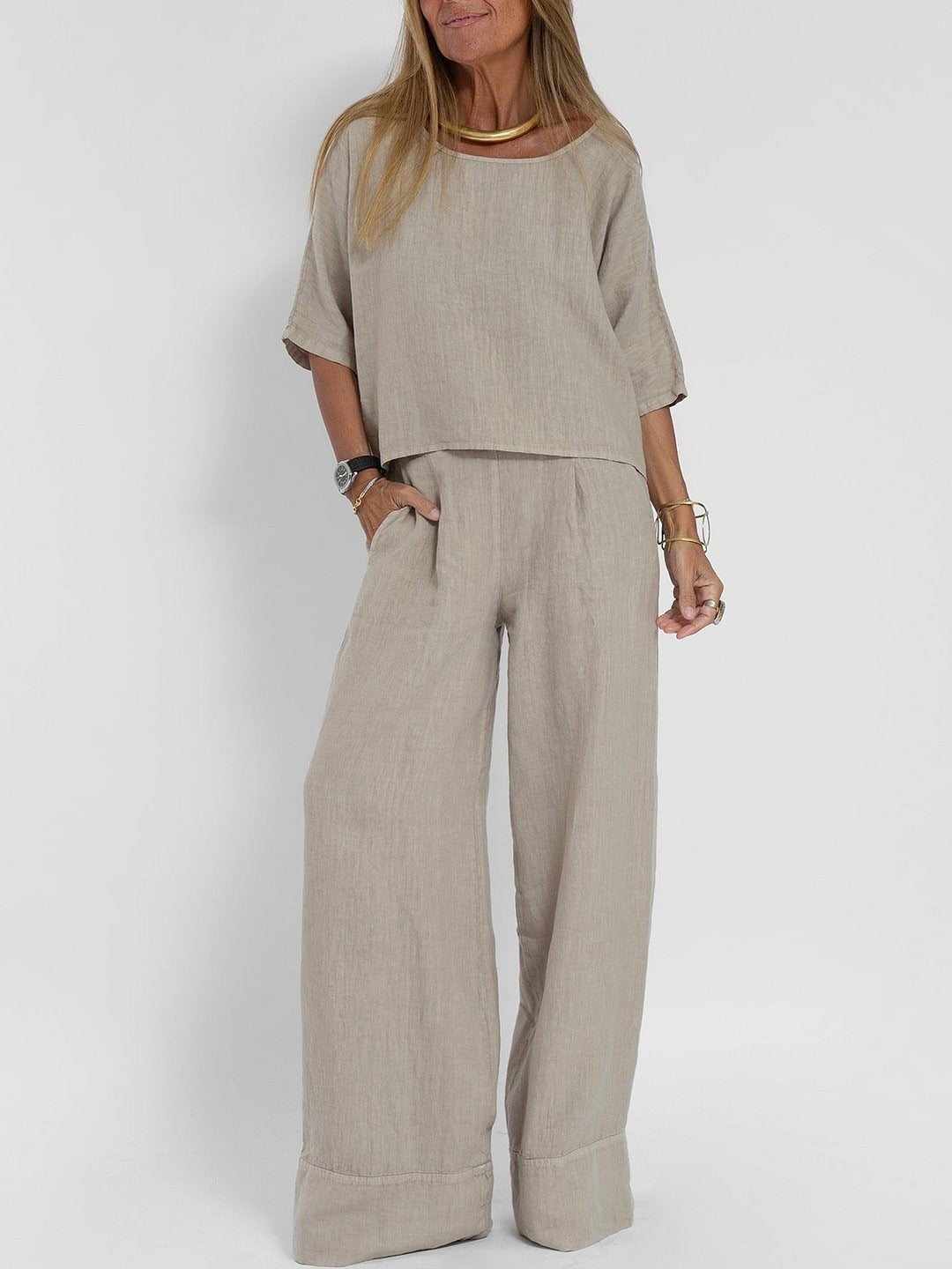 Sarah Express Cotton Linen Two-Piece Pants Suit Cropped Sleeve Wide Leg Casual Set