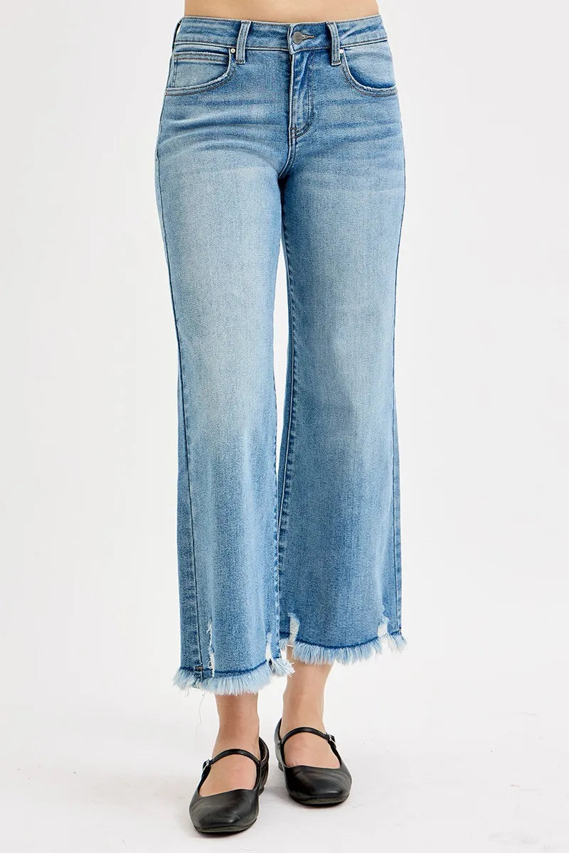 Sarah Express Women’s Plus Size Mid Rise Cropped Wide Leg Jeans with Raw Hem