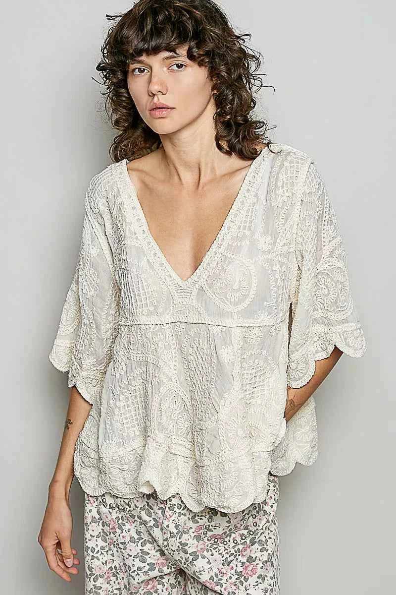 Sarah Express Women's V-Neck Crochet Blouse with Scalloped Hem - Vintage Boho Top