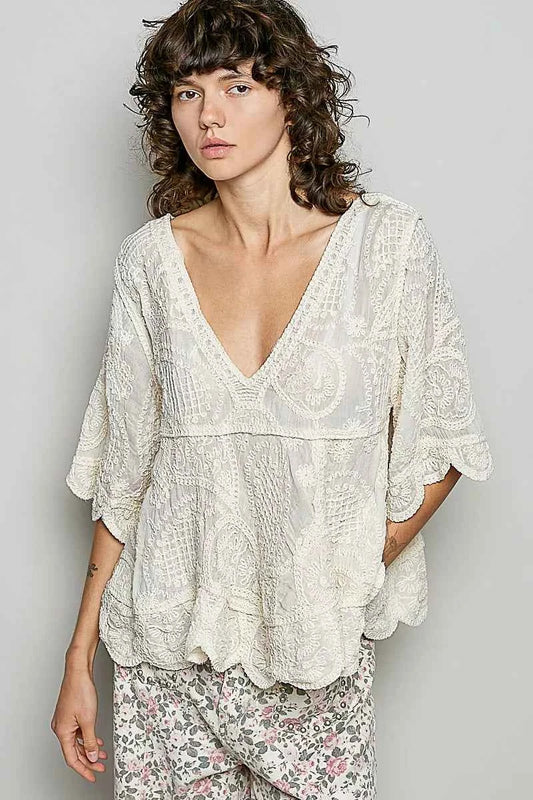 Sarah Express Women's V-Neck Crochet Blouse with Scalloped Hem - Vintage Boho Top