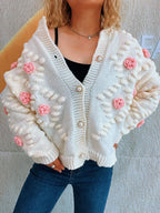 Sarah Express Women's Flower Button Up Long Sleeve Cardigan White One Size