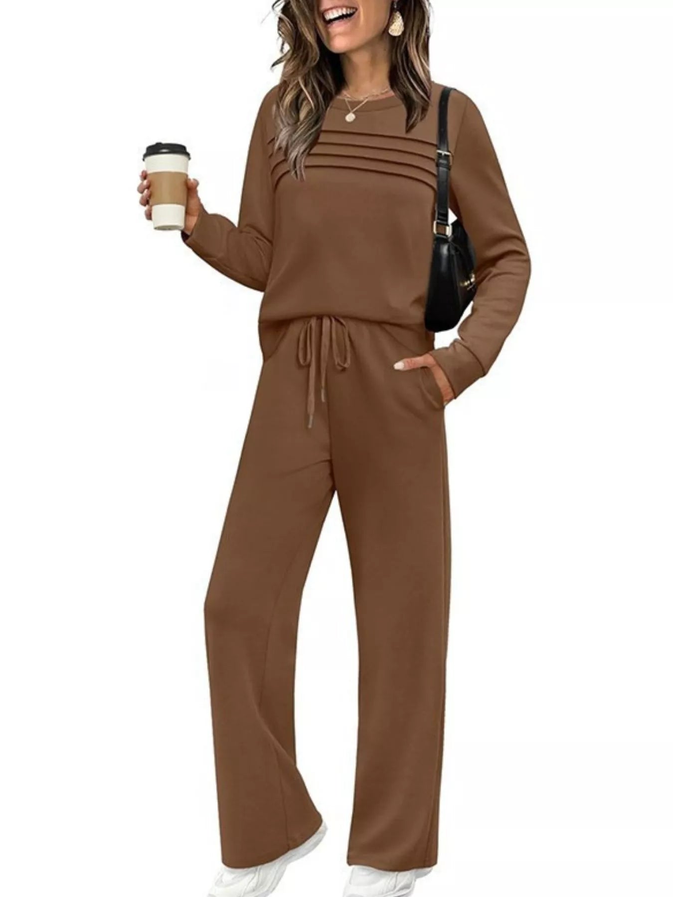 Sarah Express Women's Long Sleeve Round Neck Top and Pants Set Brown