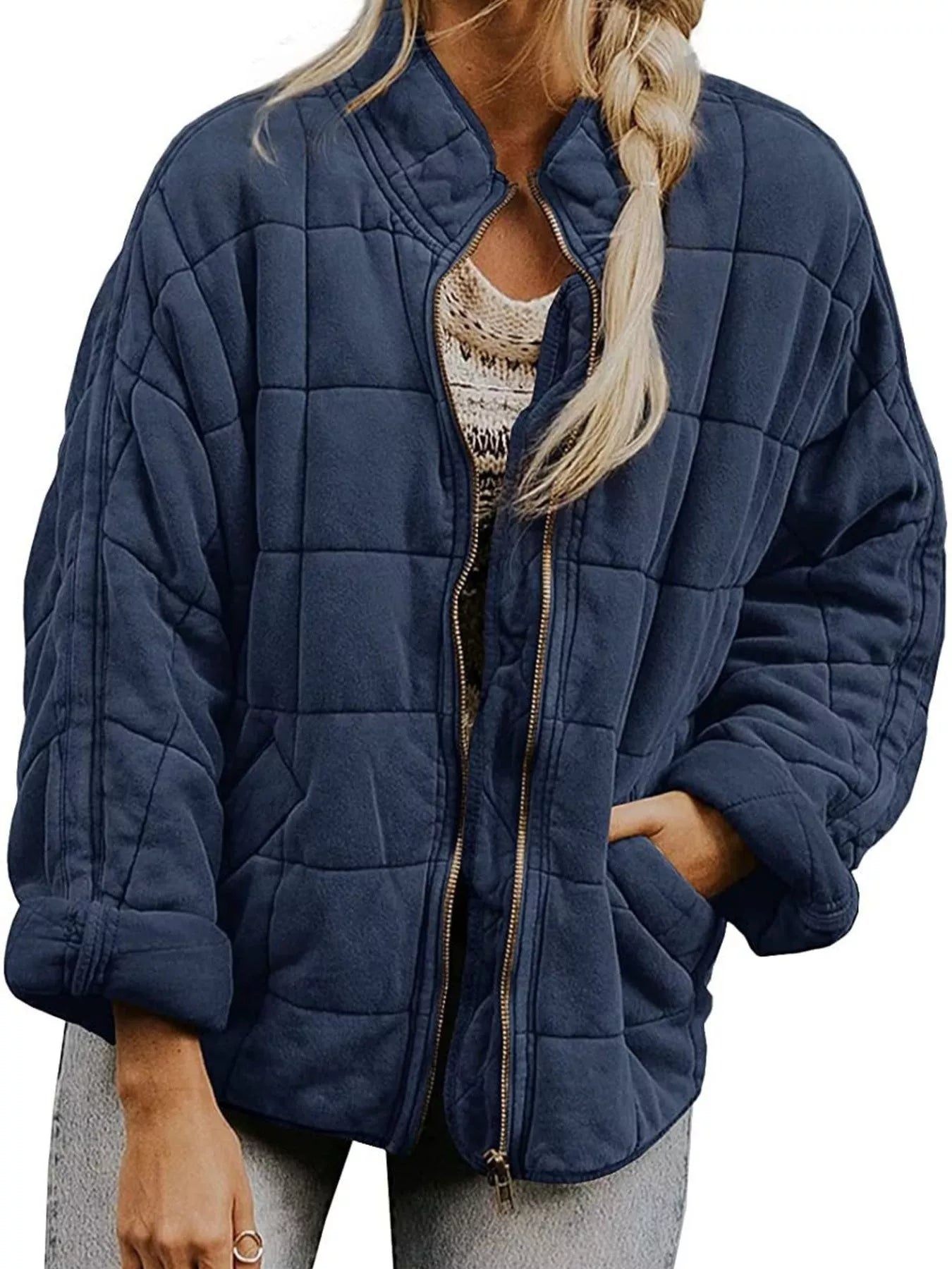 Sarah Express Women's Quilted Zip Up Jacket Navy Blue