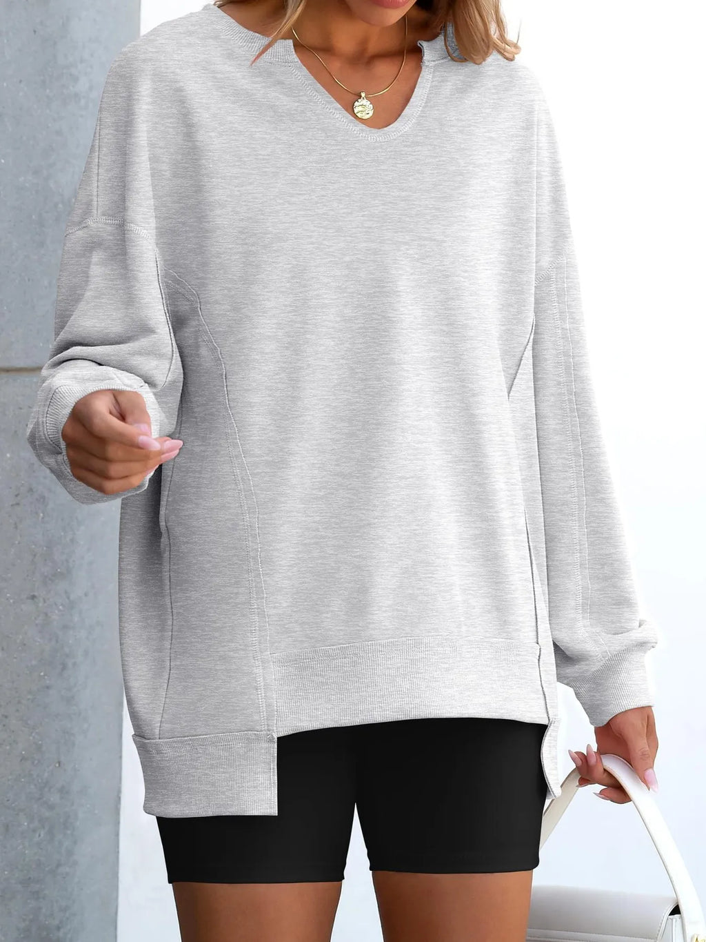 Sarah Express Women's Notched Long Sleeve Oversized Sweatshirt