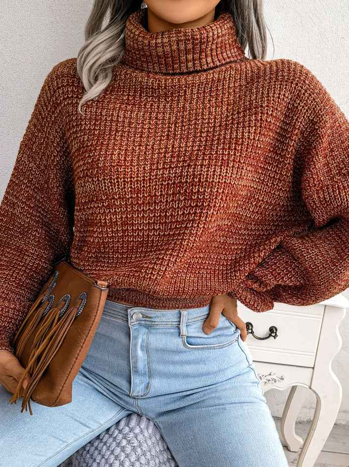 Sarah Express Women's Mixed Color Turtleneck Sweater - Lantern Sleeve Knit Pullover