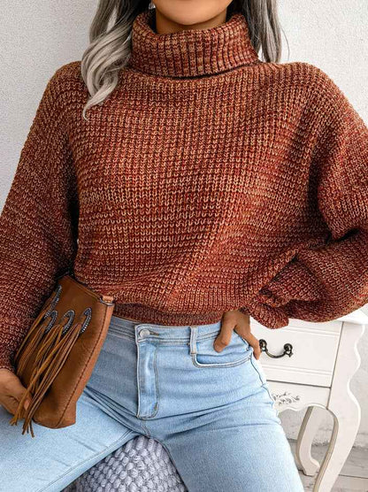 Sarah Express Women's Mixed Color Turtleneck Sweater - Lantern Sleeve Knit Pullover