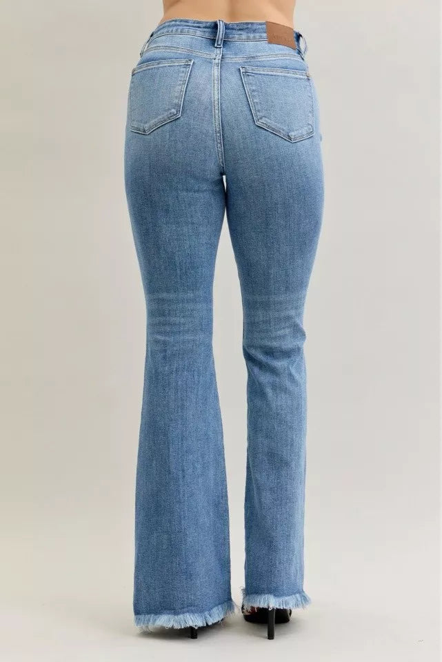 Sarah Express Women’s High Rise Flare Jeans with Fray Hem and Pintuck Detail