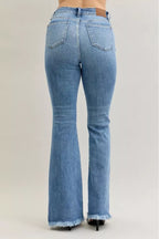 Sarah Express Women’s High Rise Flare Jeans with Fray Hem and Pintuck Detail
