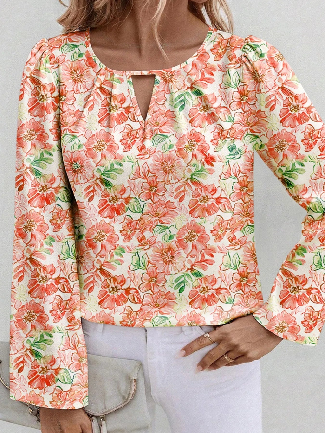 Sarah Express Women's Floral Print Keyhole Neck Blouse Sherbet