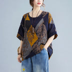 Sarah Express Women's Retro Print Round Neck T-Shirt Loose Fit Short Sleeve Cotton Blend Top