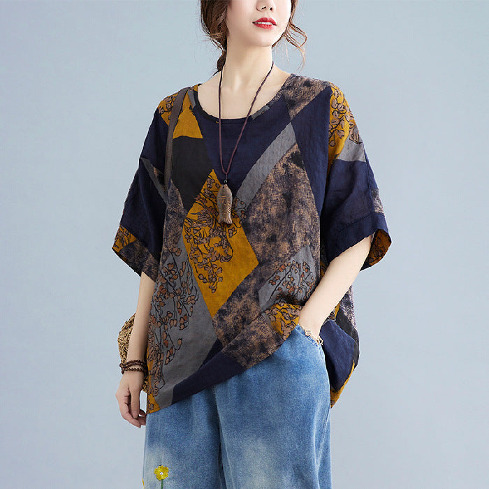 Sarah Express Women's Retro Print Round Neck T-Shirt Loose Fit Short Sleeve Cotton Blend Top