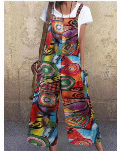 Sarah Express Women's Patchwork Printed Button Suspender Jumpsuit Loose Fit Cotton Blend Casual Overall