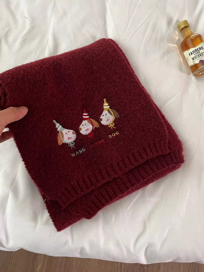 Sarah Express Women's Embroidered Dog Plush Scarf Dark Red ONESIZE