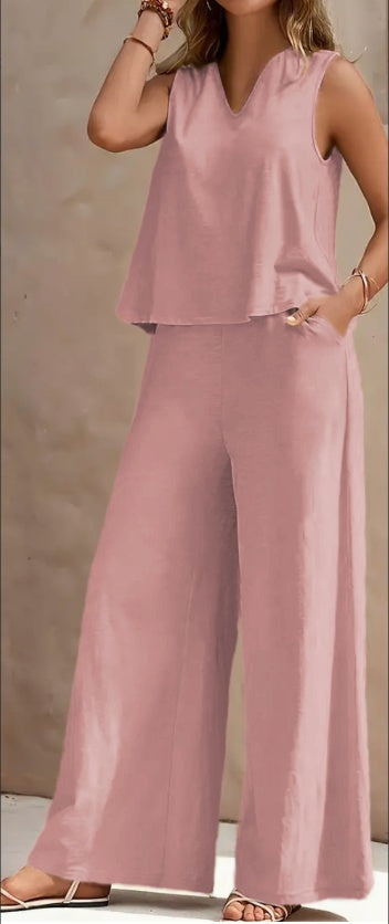 Sarah Express V Neck Tank Top Wide Leg Pants Set with Pockets Sleeveless 2 Piece