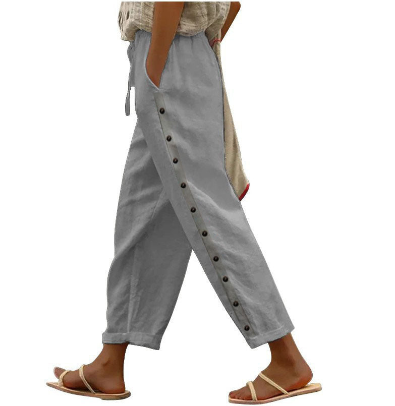 Sarah Express Women's Cotton Linen Cropped Pants Elastic Waist Loose Fit