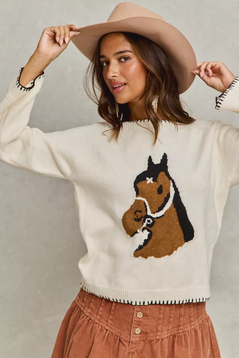 Sarah Express Women's Horse Knit Sweater Top - Cozy Blanket Stitch Pullover