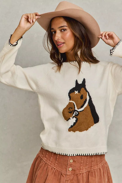 Sarah Express Women's Horse Knit Sweater Top - Cozy Blanket Stitch Pullover