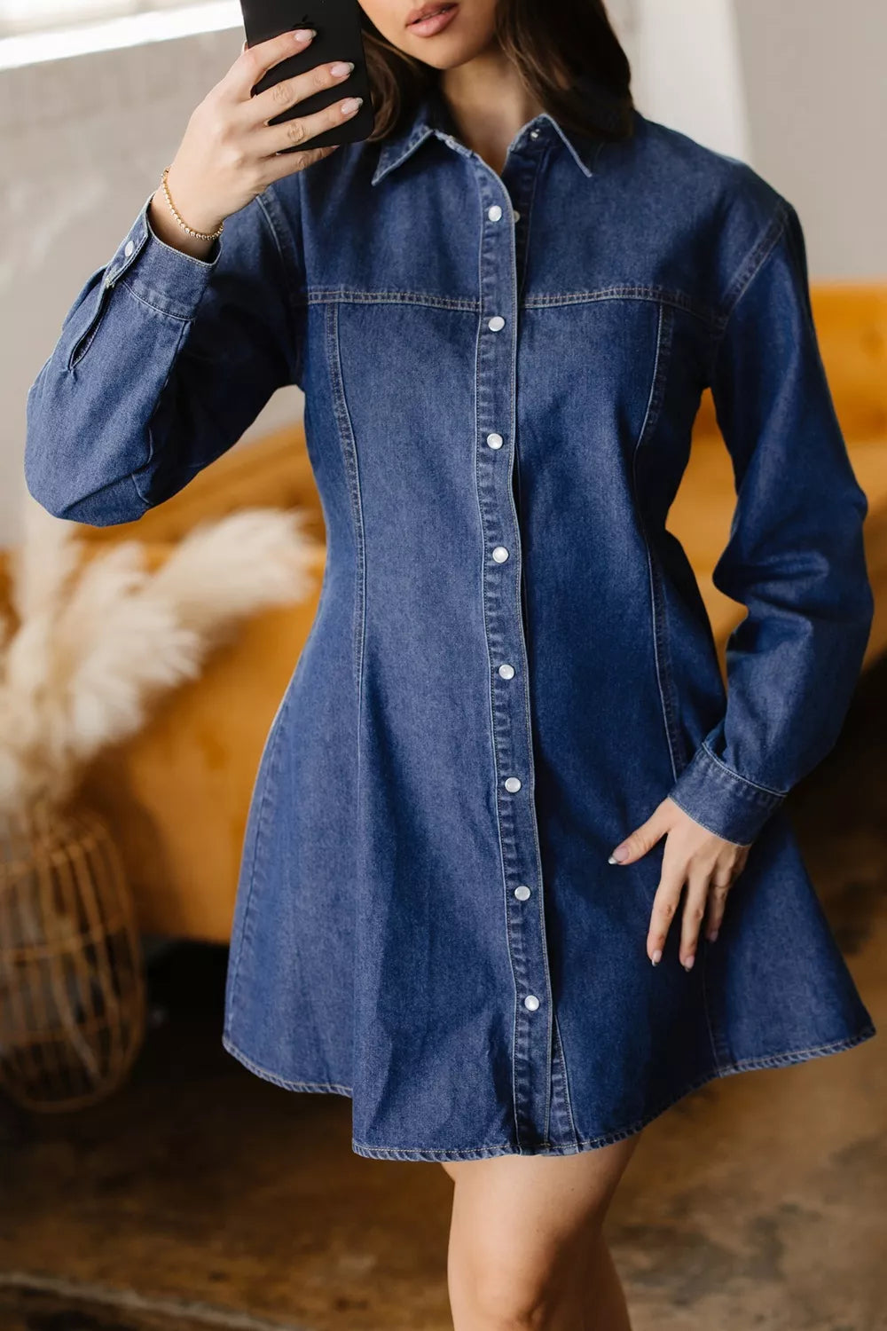 Sarah Express Women's Denim Shirt Collar Long Sleeve Flared Mini Dress