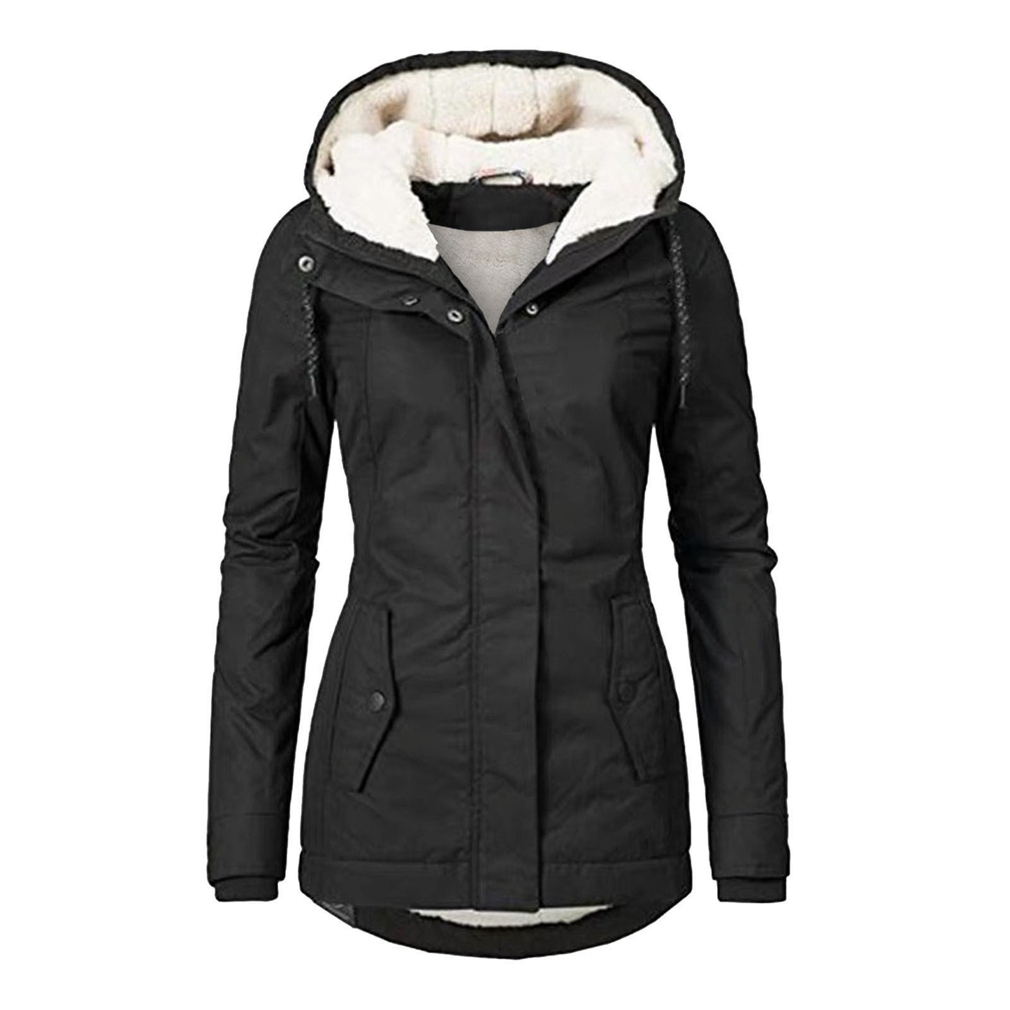 Sarah Express Women's Winter Hooded Fleece Jacket - Warm Buckle Zip-Up Coat with Pockets Black