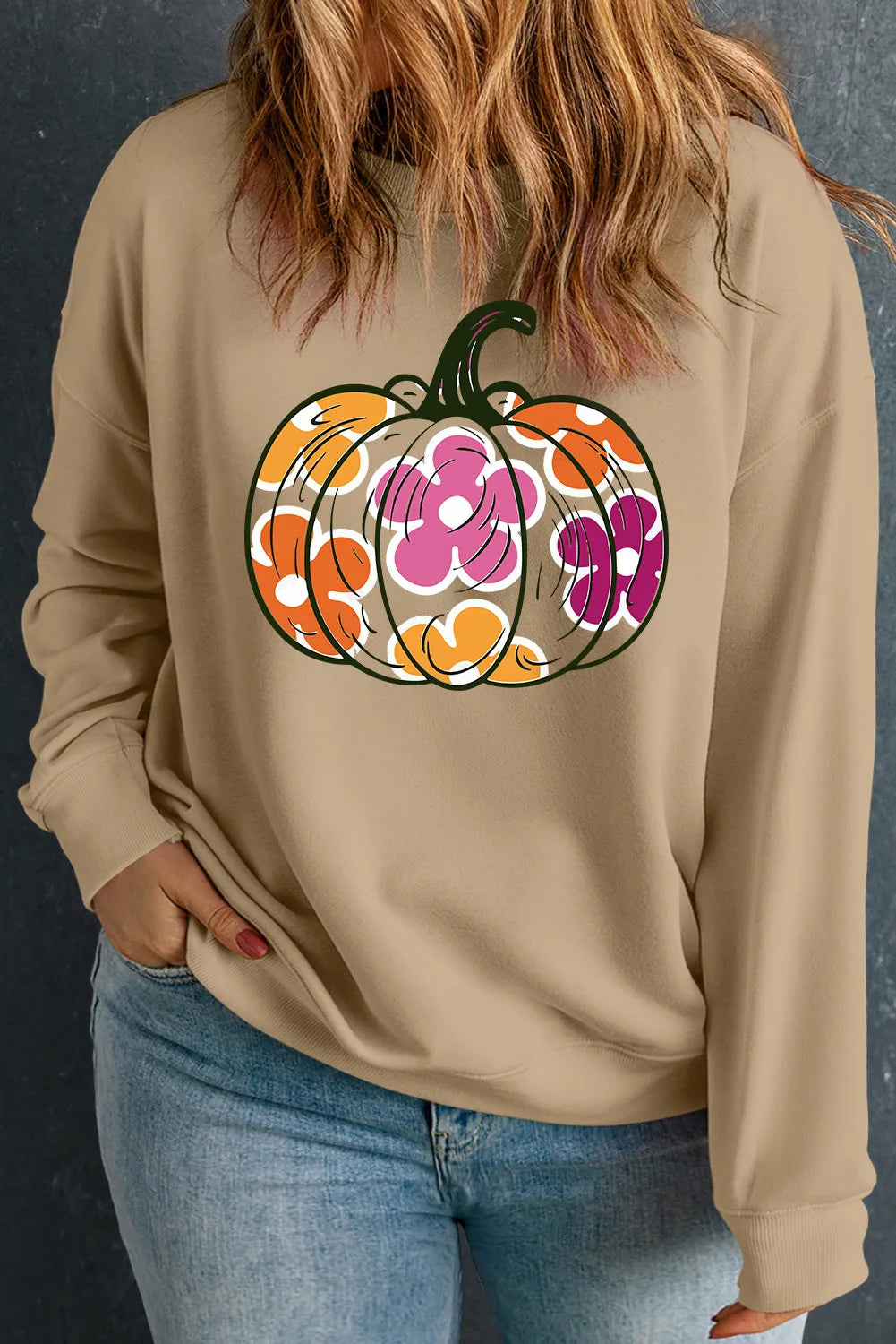 Sarah Express Women's Plus Size Pumpkin Graphic Dropped Shoulder Sweatshirt Khaki