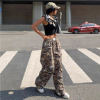 Sarah Express Women's Camo Cargo Pants Y2K - High Waist Baggy Multi-Pocket Hip-Hop Street Style