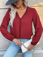 Sarah Express Women's Lace Detail V-Neck Long Sleeve Blouse