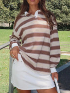 Sarah Express Women's Striped Button Detail Long Sleeve Polo