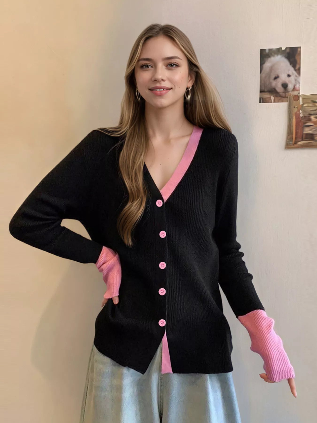 Sarah Express Women's Contrast Trim Ribbed Knit Cardigan