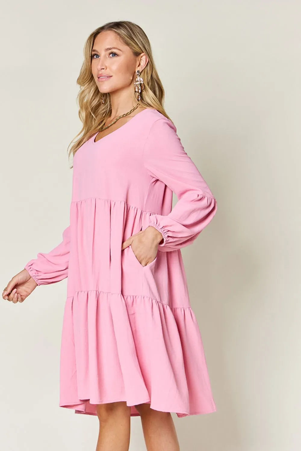 Sarah Express Women’s Plus Size V-Neck Balloon Sleeve Tiered Dress
