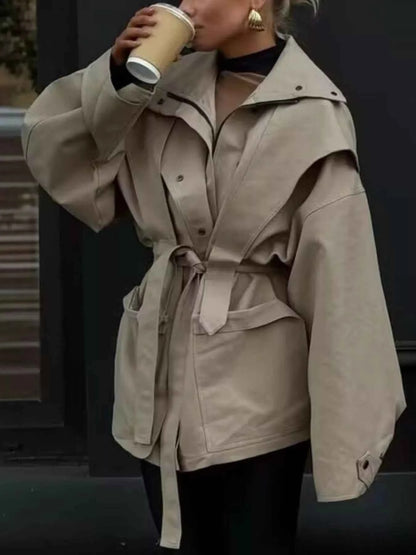 Sarah Express Women's Tie Waist Snap Down Trench Coat - Buttoned Pocketed Outerwear