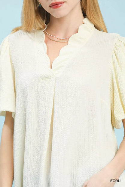 Sarah Express Women's Seersucker Puff Sleeve Blouse V-Neck Pleated Top