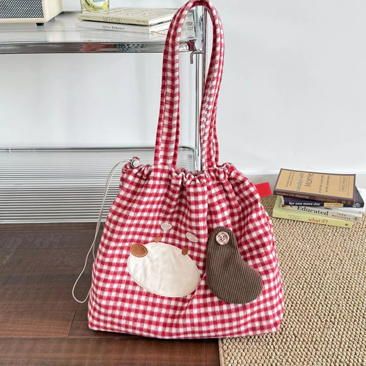 Sarah Express Women's Gingham Drawstring Handbag Coral ONESIZE