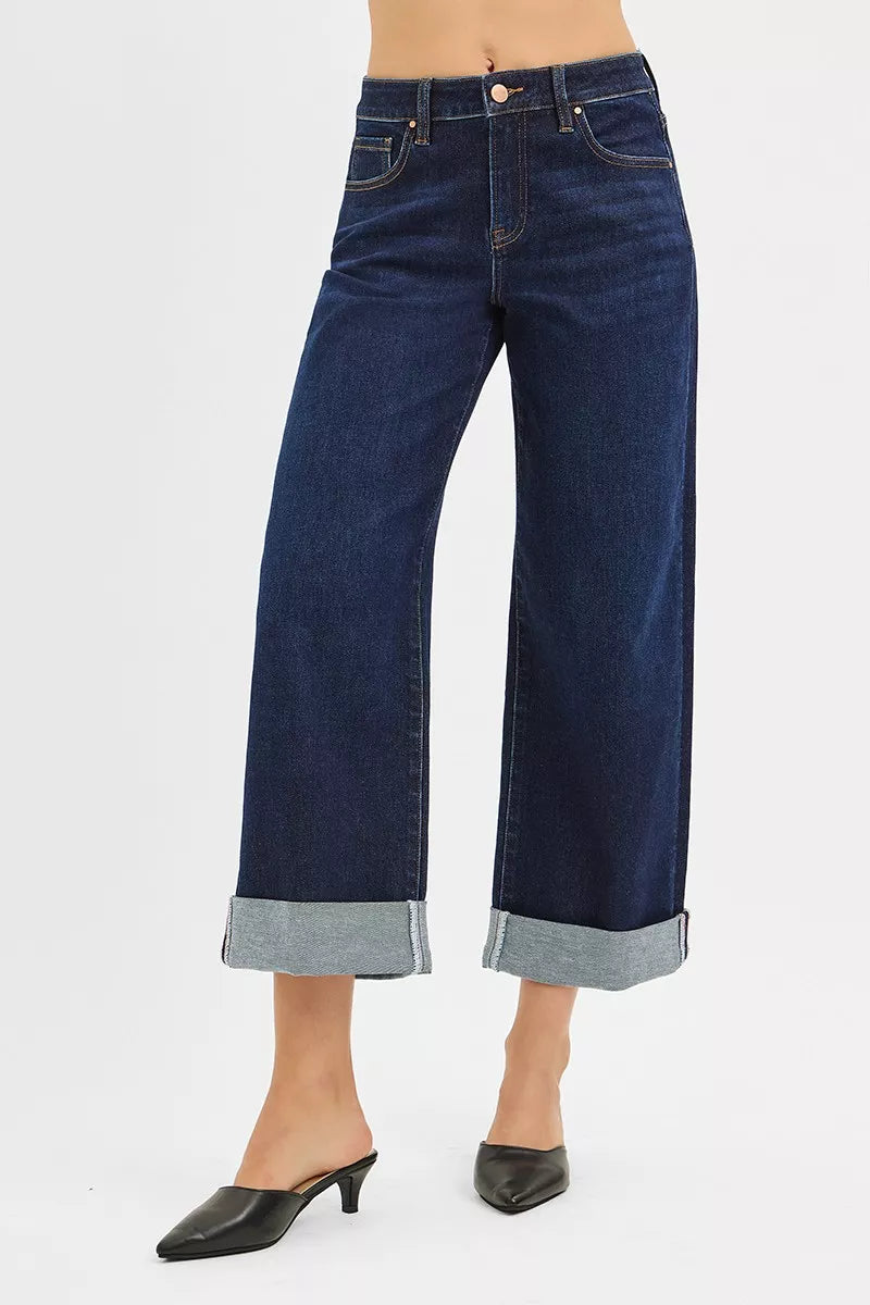 Sarah Express Women’s Mid Rise Ankle Jeans with Wide Roll Up Cuff
