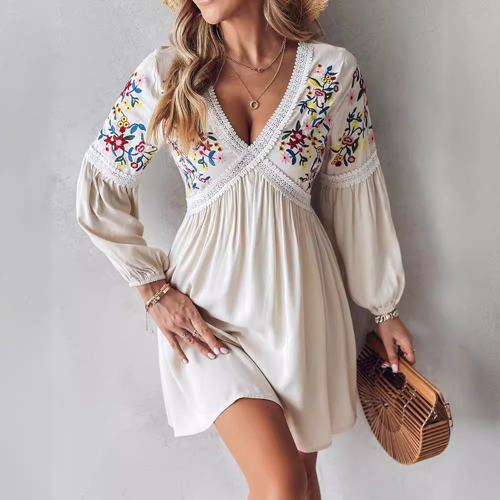 Sarah Express Women's Embroidered V-Neck Casual Maxi Dress Mid Waist Regular Sleeve