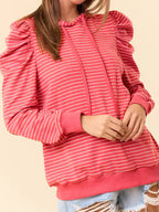 Sarah Express Women's Striped Puff Sleeve Hoodie with Drawstring