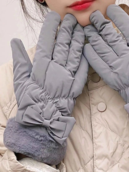 Sarah Express Women's Bow-Decorated Plush Cuff Gloves - Winter Fashion Accessory Warm Fog Gray One Size