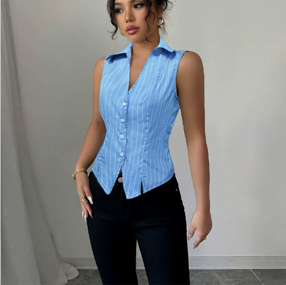 Sarah Express Striped Sleeveless Button-Down Blouse Slim Fit