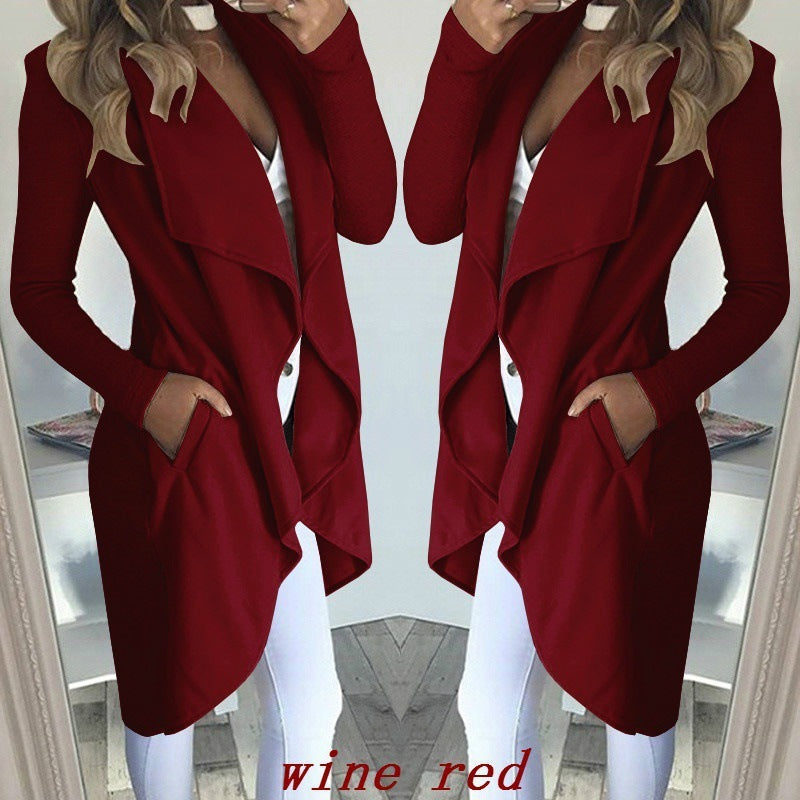 Sarah Express Women's Plus Size Polo Collar Long Trench Coat Slim Fit