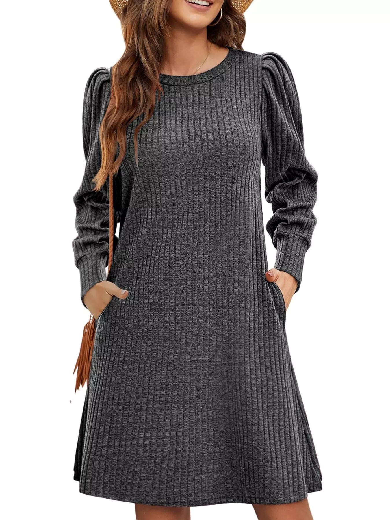 Sarah Express Women's Ribbed Knit Puff Sleeve Mini Dress