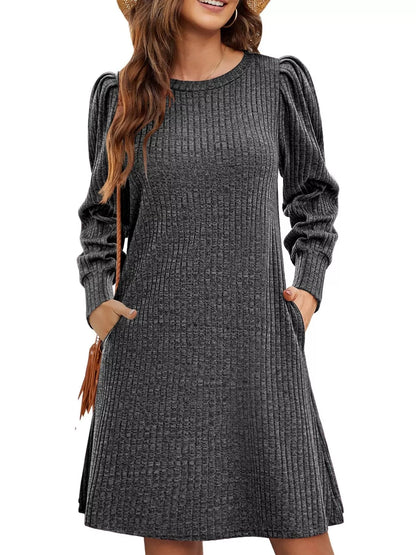 Sarah Express Women's Ribbed Knit Puff Sleeve Mini Dress