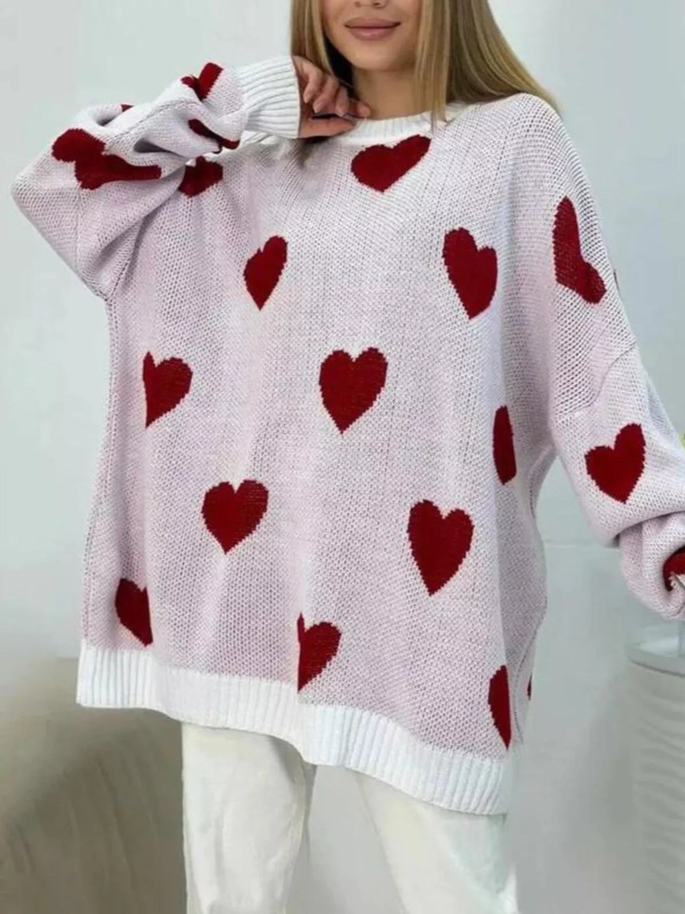 Sarah Express Women's Heart Round Neck Oversized Knit Sweater Red