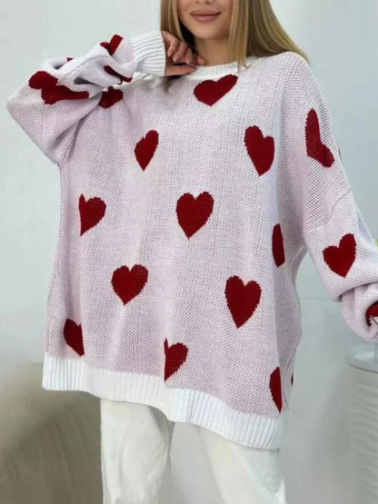 Sarah Express Women's Heart Round Neck Oversized Knit Sweater Red