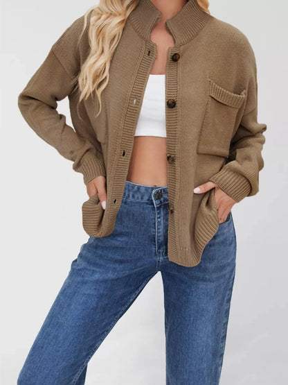 Sarah Express Women's Casual Knit Button-Down Cardigan Khaki