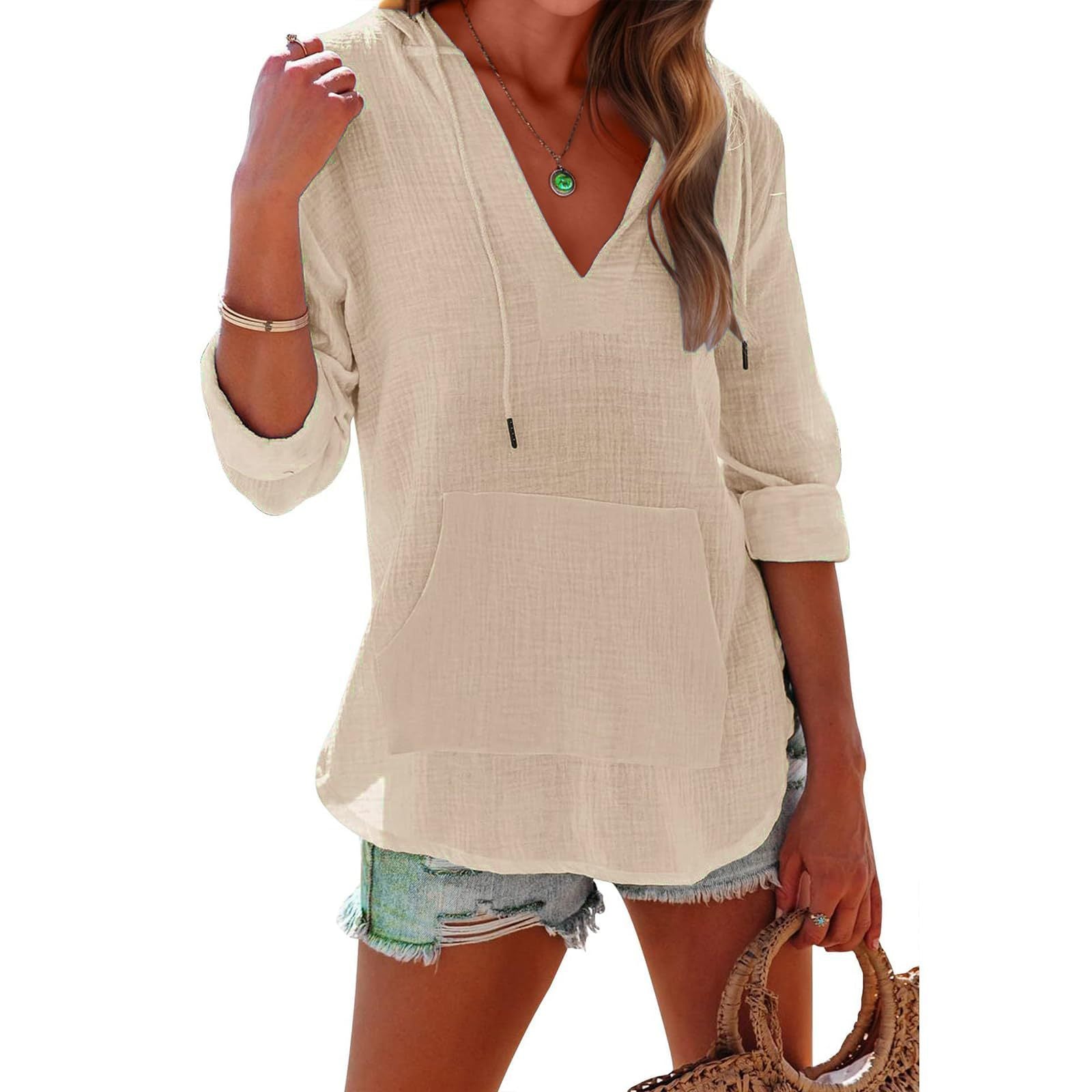 Sarah Express Women's V-Neck Hooded Shirt Long Sleeve Pockets Loose Fit