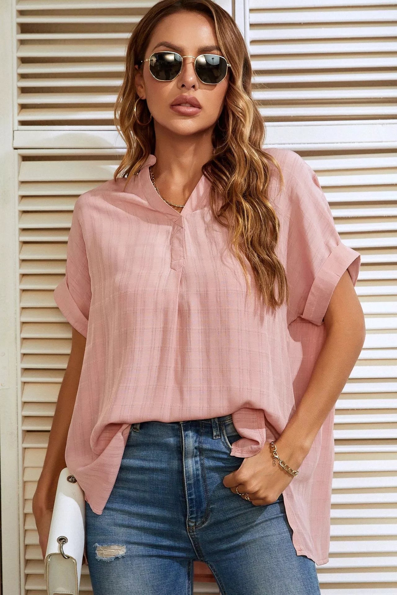 Sarah Express Women's Notched Short Sleeve Blouse